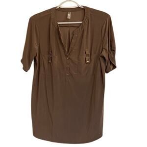 Perception Concept Warm Tan Blouse Sz L Short Sleeves Polo Style with Gold Color